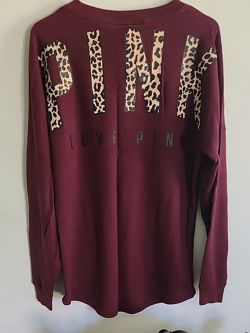 PINK Victoria's Secret Burgundy Crewneck with Leopard-Print Logo